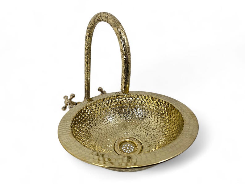 Artisanal Hammered Brass Drop-In Basin with Flanged Rim