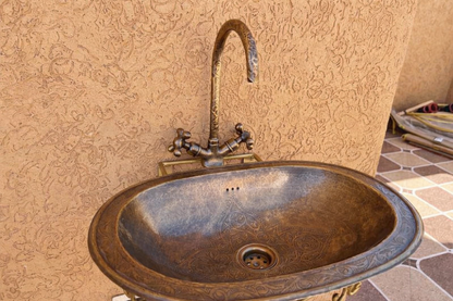 Antique Moroccan Brass Vessel Sink & Engraved Bridge Faucet Set