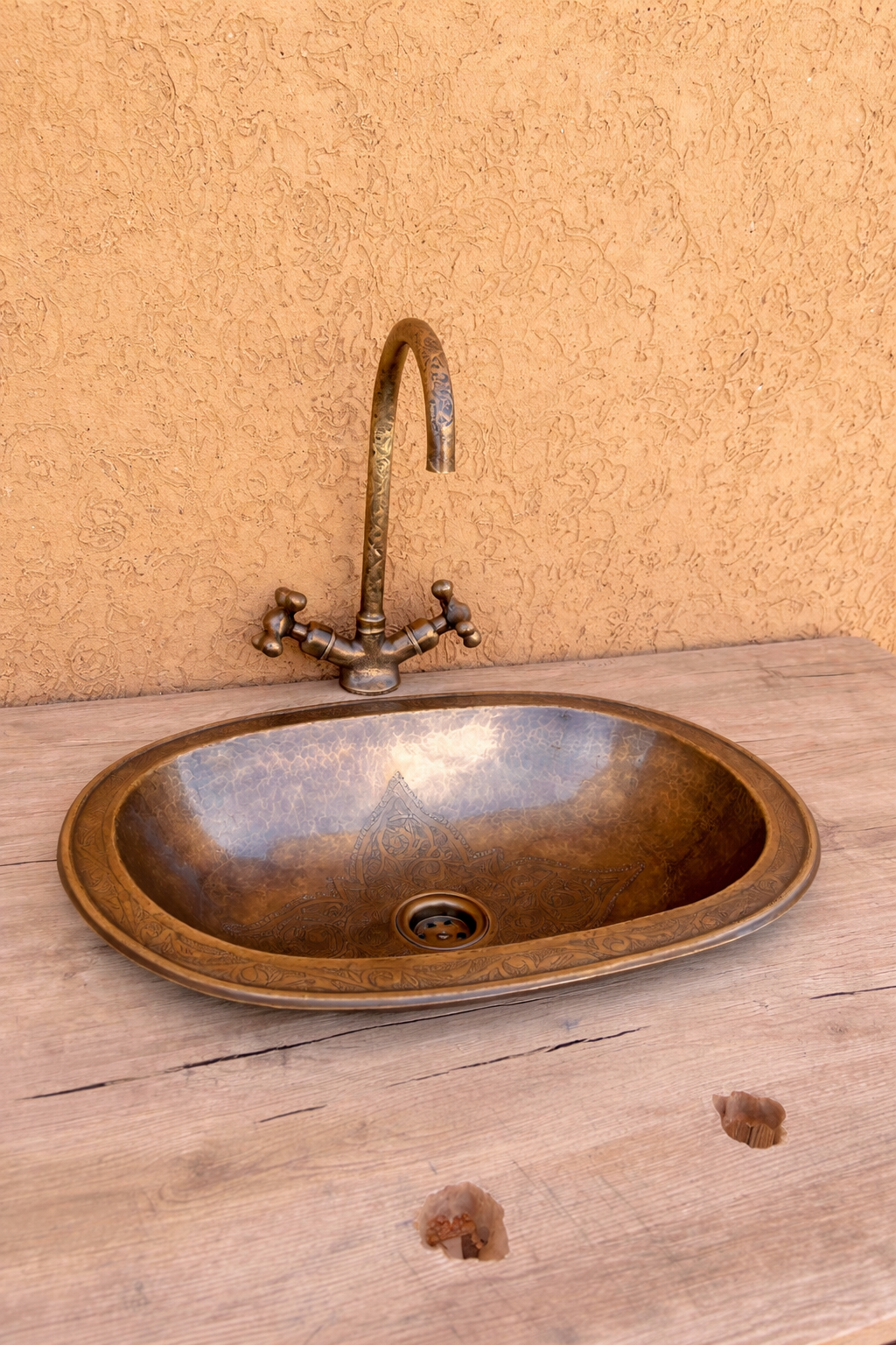 Antique Moroccan Brass Vessel Sink & Engraved Bridge Faucet Set