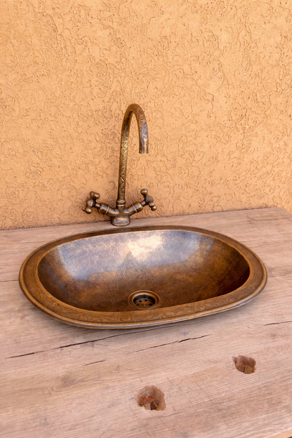 Antique Moroccan Brass Vessel Sink & Engraved Bridge Faucet Set