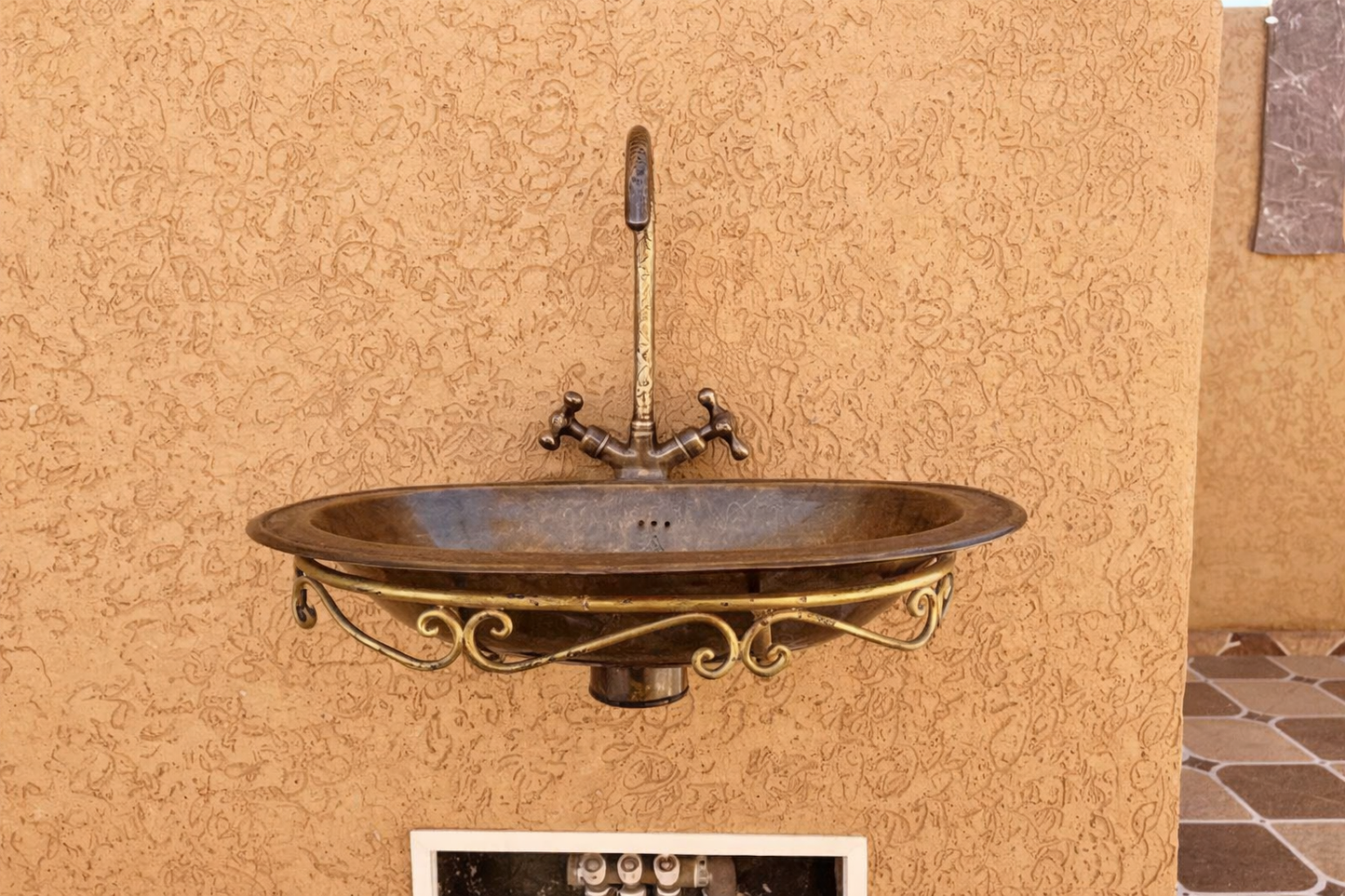 Antique Moroccan Brass Vessel Sink & Engraved Bridge Faucet Set
