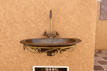 Antique Moroccan Brass Vessel Sink & Engraved Bridge Faucet Set