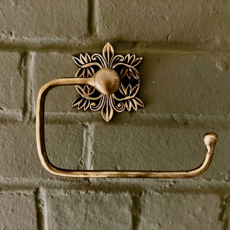 Antique Brass Bathroom Accessories Floral Filigree Towel Ring, Robe Hook, Toilet Roll Holder
