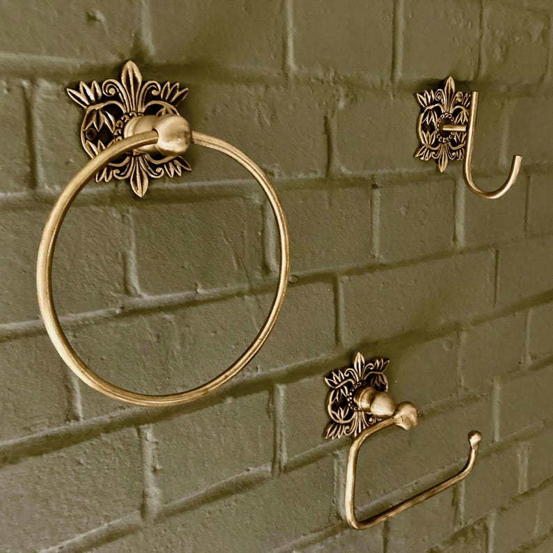 Antique Brass Bathroom Accessories Floral Filigree Towel Ring, Robe Hook, Toilet Roll Holder