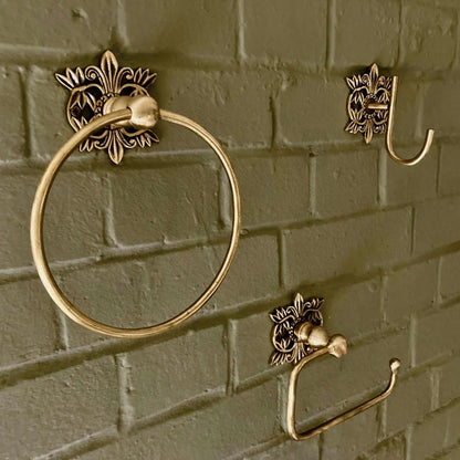 Antique Brass Bathroom Accessories Floral Filigree Towel Ring, Robe Hook, Toilet Roll Holder