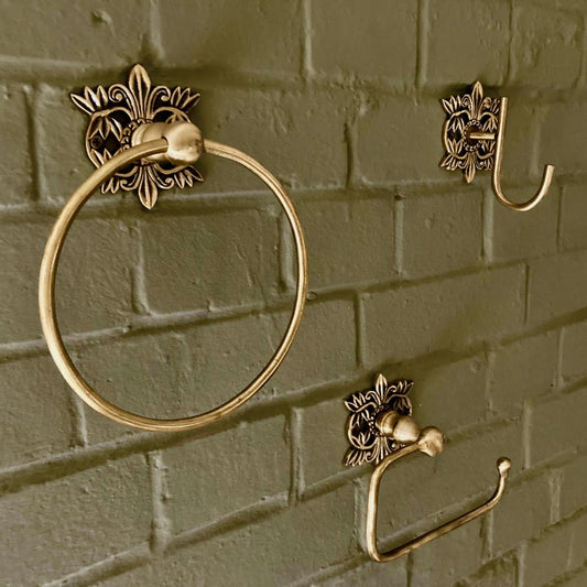 Antique Brass Bathroom Accessories Floral Filigree Towel Ring, Robe Hook, Toilet Roll Holder