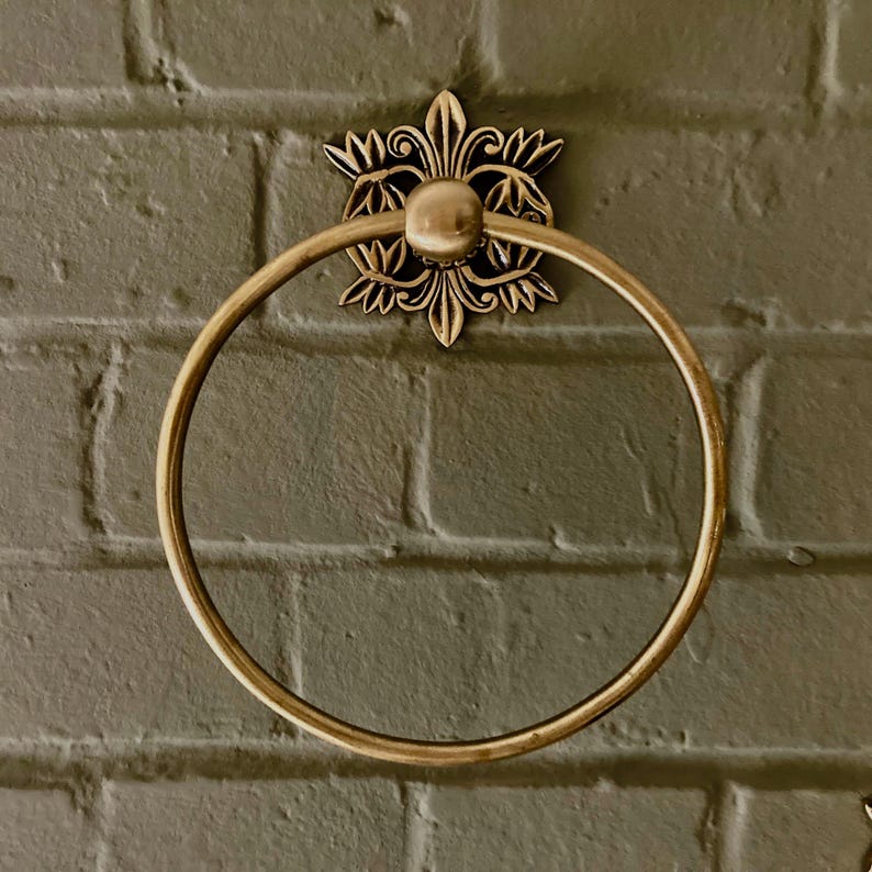 Antique Brass Bathroom Accessories Floral Filigree Towel Ring, Robe Hook, Toilet Roll Holder