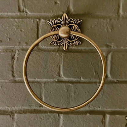 Antique Brass Bathroom Accessories Floral Filigree Towel Ring, Robe Hook, Toilet Roll Holder