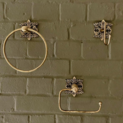 Antique Brass Bathroom Accessories Floral Filigree Towel Ring, Robe Hook, Toilet Roll Holder