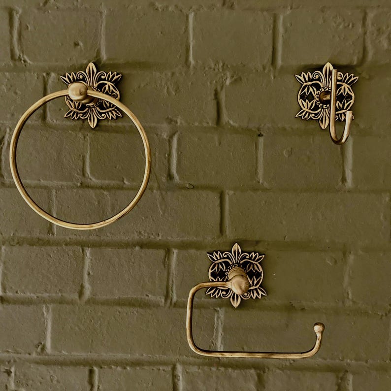 Antique Brass Bathroom Accessories Floral Filigree Towel Ring, Robe Hook, Toilet Roll Holder