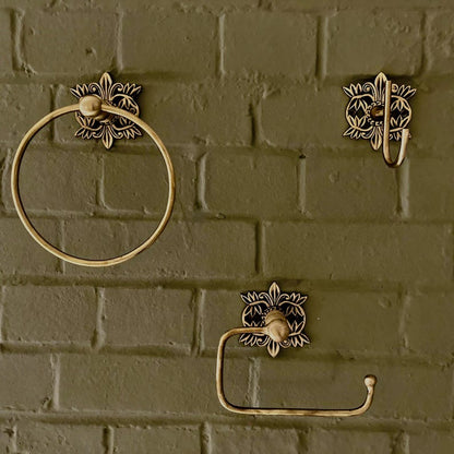 Antique Brass Bathroom Accessories Floral Filigree Towel Ring, Robe Hook, Toilet Roll Holder