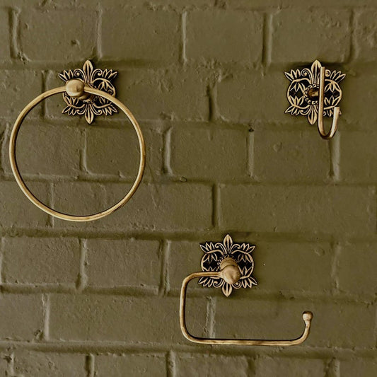 Antique Brass Bathroom Accessories Floral Filigree Towel Ring, Robe Hook, Toilet Roll Holder