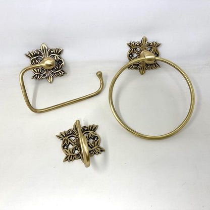 Antique Brass Bathroom Accessories Floral Filigree Towel Ring, Robe Hook, Toilet Roll Holder
