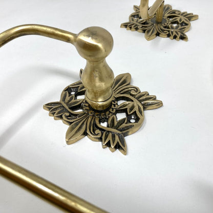 Antique Brass Bathroom Accessories Floral Filigree Towel Ring, Robe Hook, Toilet Roll Holder