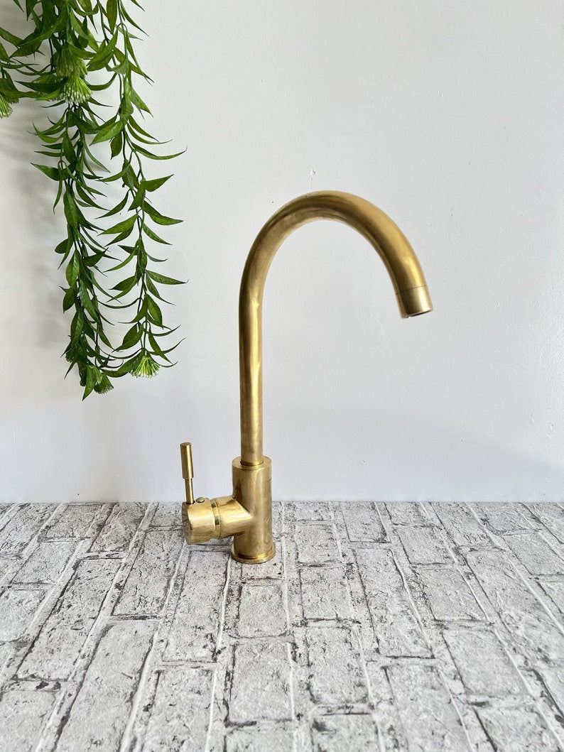 Unlaquered Brass Basin Faucet for a Mid-Century Modern Touch,unlaquered Brass Kitchen Faucet - A Stylish One-Hole Mixer