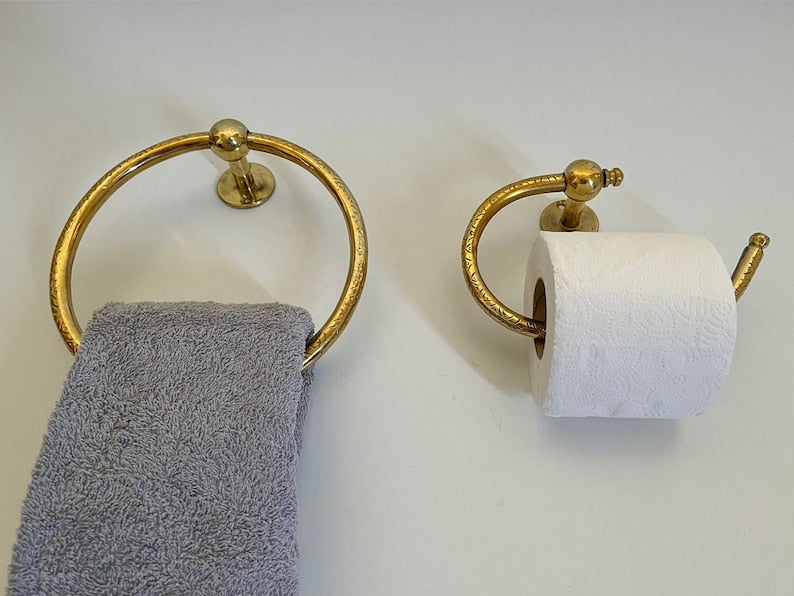 Handmade Brass Toilet Paper Holder & Towel Ring