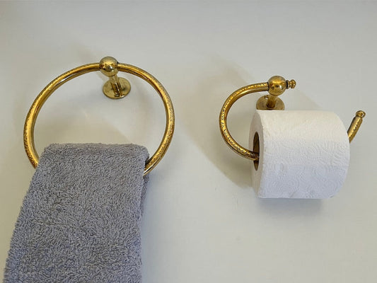 Handmade Brass Toilet Paper Holder & Towel Ring