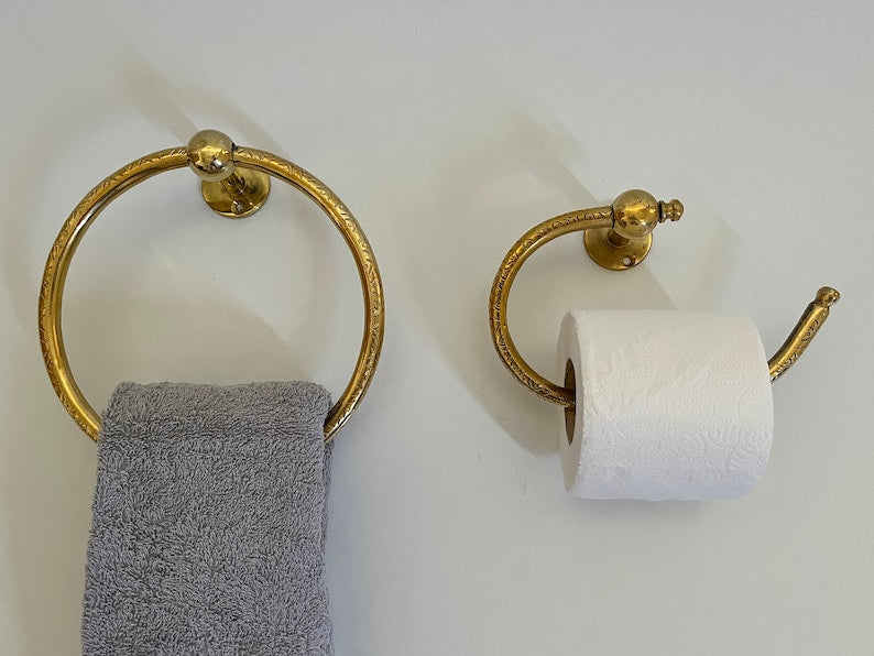 Handmade Brass Toilet Paper Holder & Towel Ring