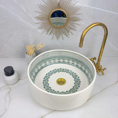 Hand-Painted Moroccan Ceramic Vessel Sink with Brass Faucet