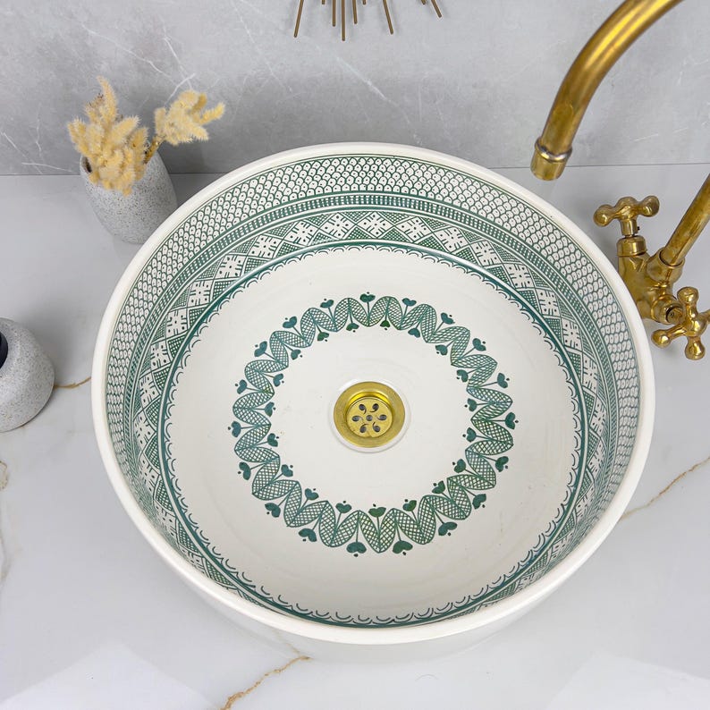 Hand-Painted Moroccan Ceramic Vessel Sink with Brass Faucet