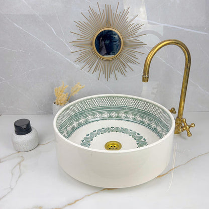 Hand-Painted Moroccan Ceramic Vessel Sink with Brass Faucet