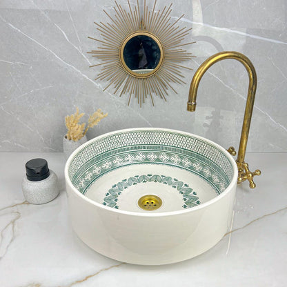 Hand-Painted Moroccan Ceramic Vessel Sink with Brass Faucet