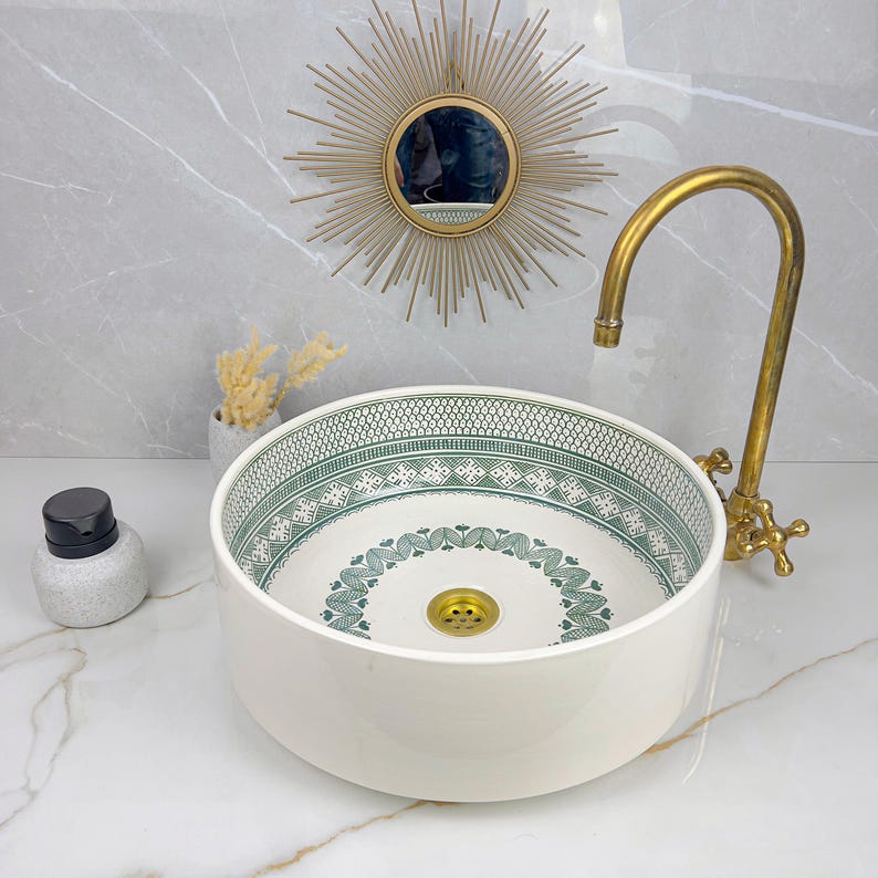Hand-Painted Moroccan Ceramic Vessel Sink with Brass Faucet