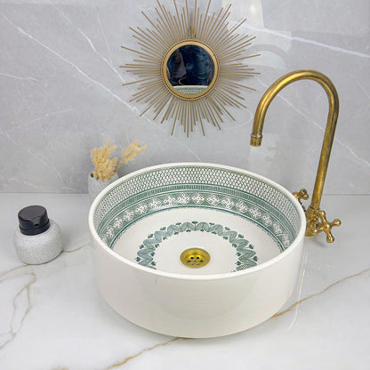 Hand-Painted Moroccan Ceramic Vessel Sink with Brass Faucet