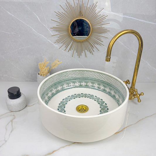 Hand-Painted Moroccan Ceramic Vessel Sink with Brass Faucet