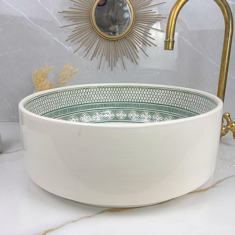 Hand-Painted Moroccan Ceramic Vessel Sink with Brass Faucet