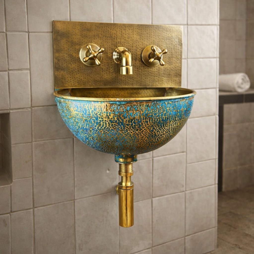 Green Patina Solid Brass Wall-Mount Bathroom Sink
