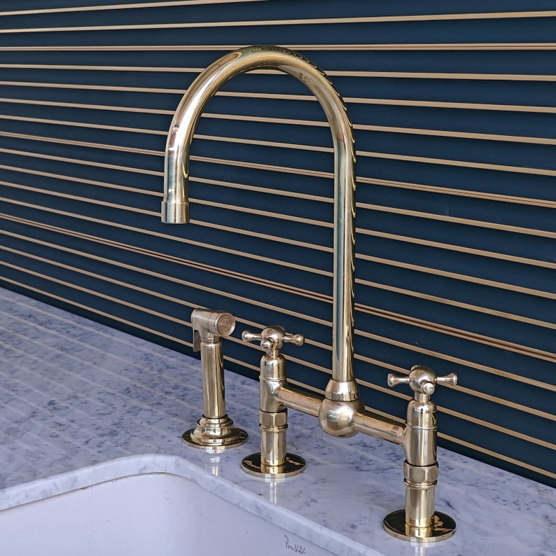 Polished Brass Kitchen Bridge Faucet with Side Sprayer