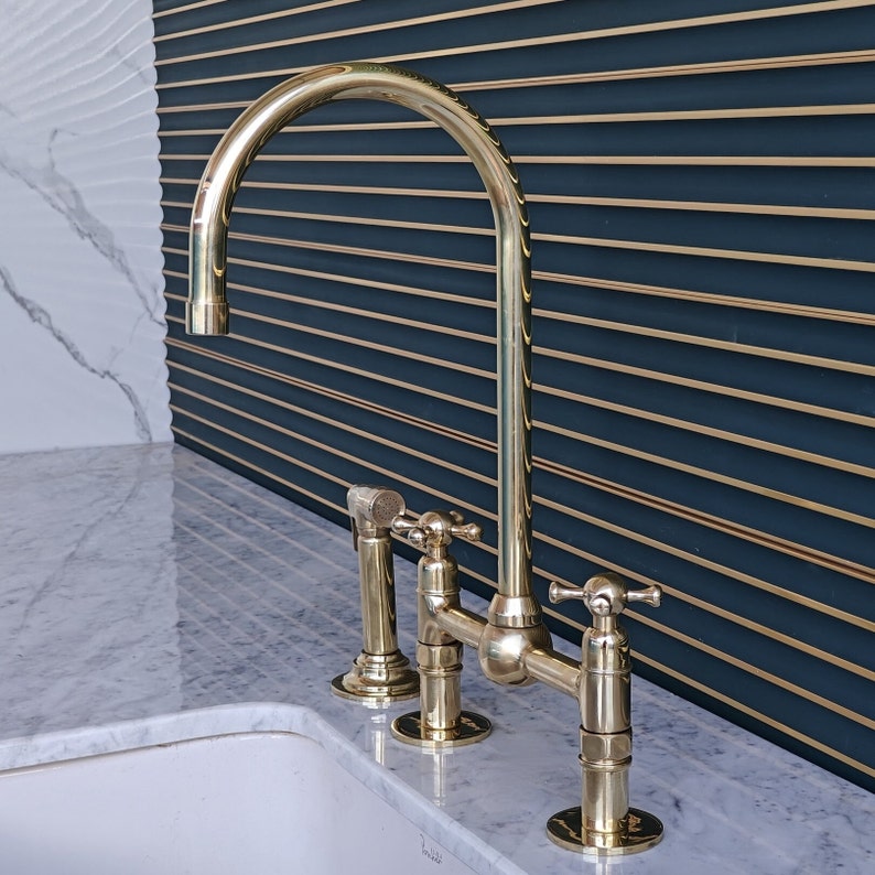Polished Brass Kitchen Bridge Faucet with Side Sprayer