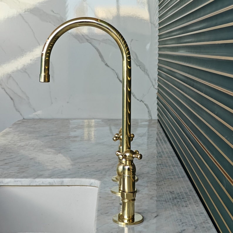 Polished Brass Kitchen Bridge Faucet with Side Sprayer