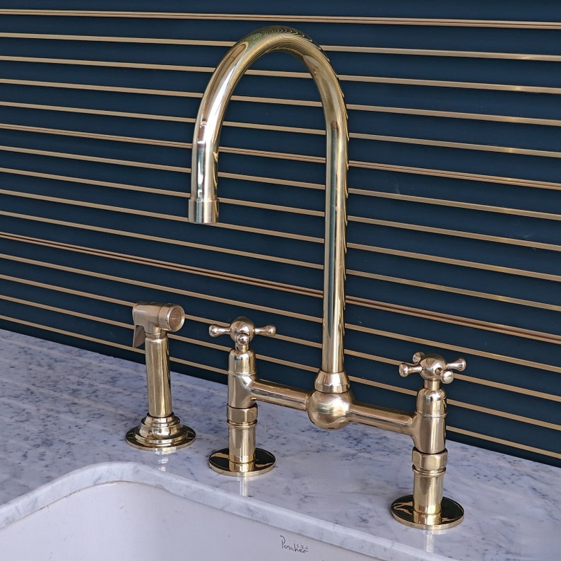 Polished Brass Kitchen Bridge Faucet with Side Sprayer