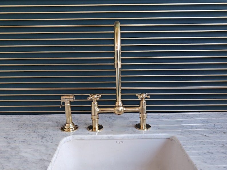 Polished Brass Kitchen Bridge Faucet with Side Sprayer