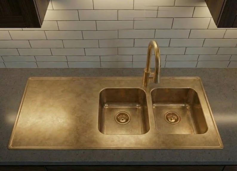 Handcrafted Unlacquered Brass Double-Bowl Kitchen Sink