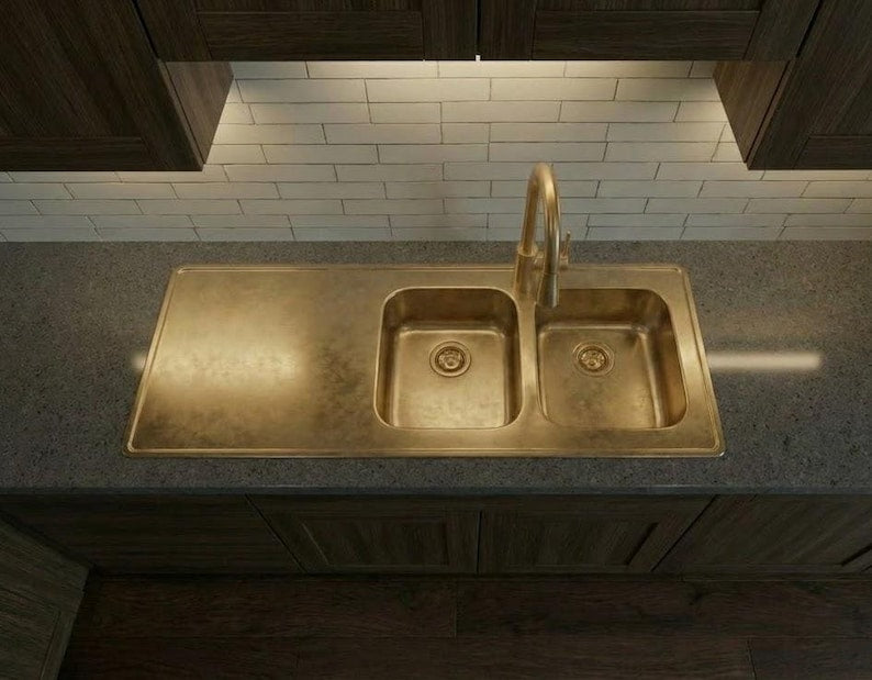Handcrafted Unlacquered Brass Double-Bowl Kitchen Sink