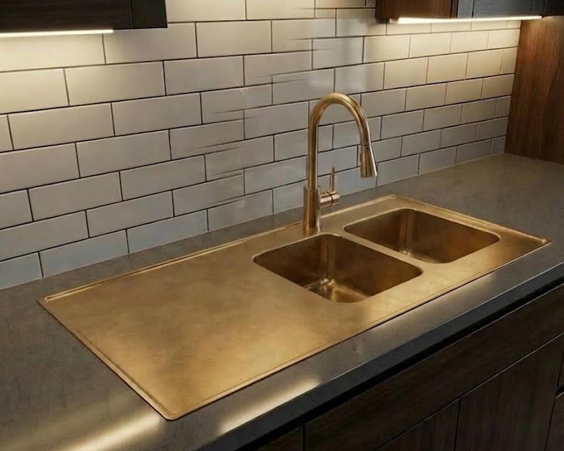Handcrafted Unlacquered Brass Double-Bowl Kitchen Sink