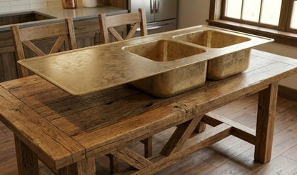Handcrafted Unlacquered Brass Double-Bowl Kitchen Sink