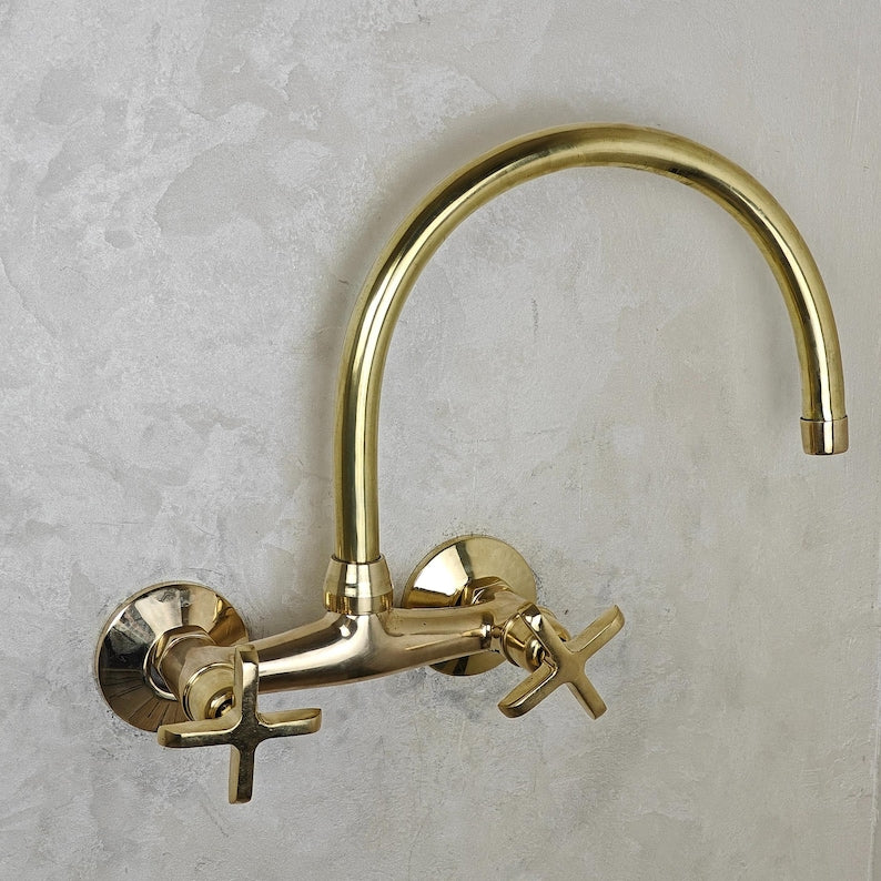 Wall-Mounted Unlacquered Brass Bridge Faucet