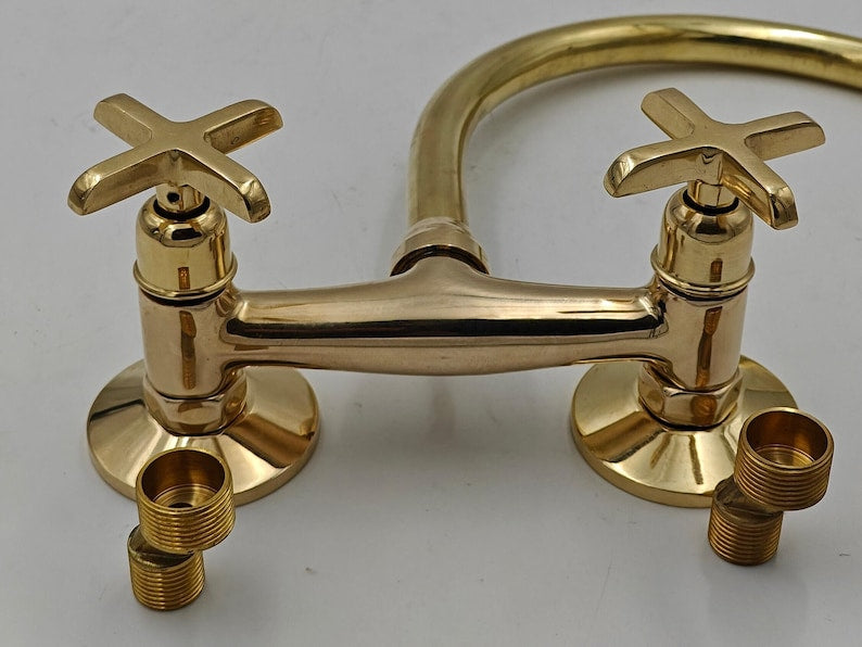 Wall-Mounted Unlacquered Brass Bridge Faucet