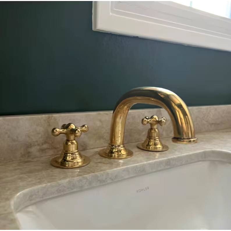 Vintage Unlacquered Brass Widespread Faucet with Flat Cross Handles