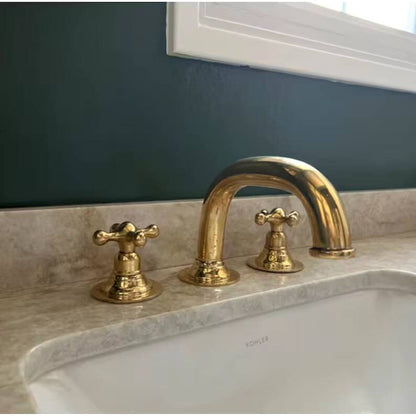 Vintage Unlacquered Brass Widespread Faucet with Flat Cross Handles