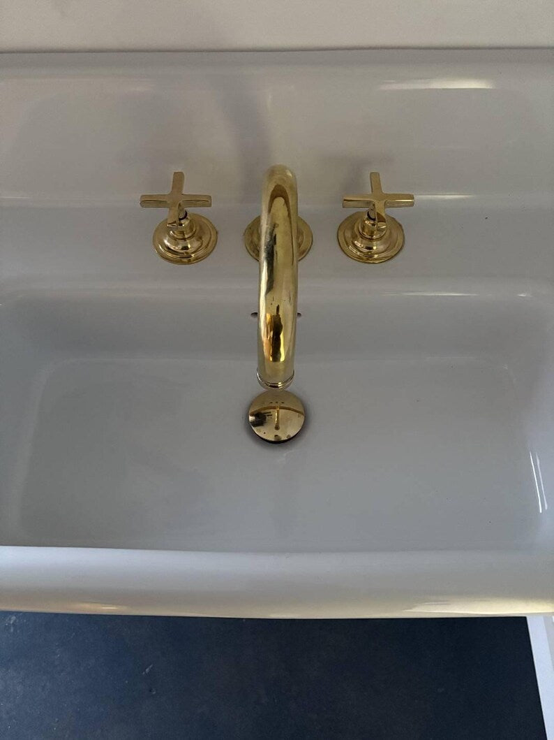 Vintage Unlacquered Brass Widespread Faucet with Flat Cross Handles