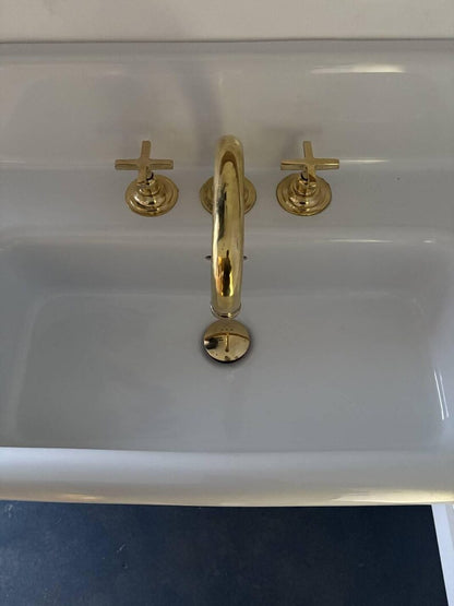 Vintage Unlacquered Brass Widespread Faucet with Flat Cross Handles
