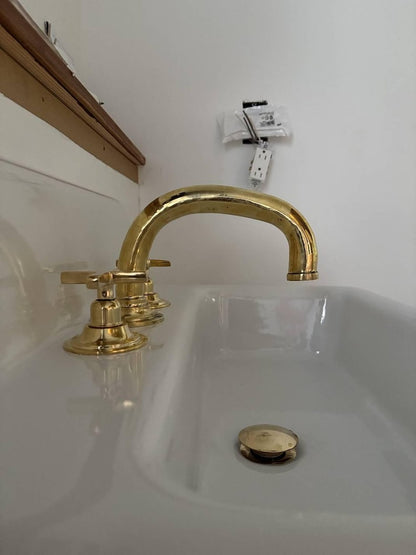 Vintage Unlacquered Brass Widespread Faucet with Flat Cross Handles