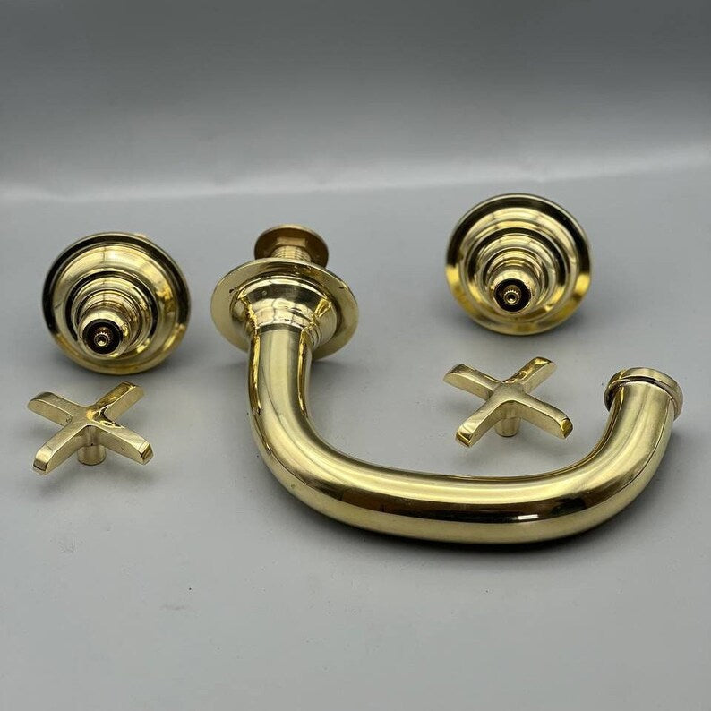 Vintage Unlacquered Brass Widespread Faucet with Flat Cross Handles
