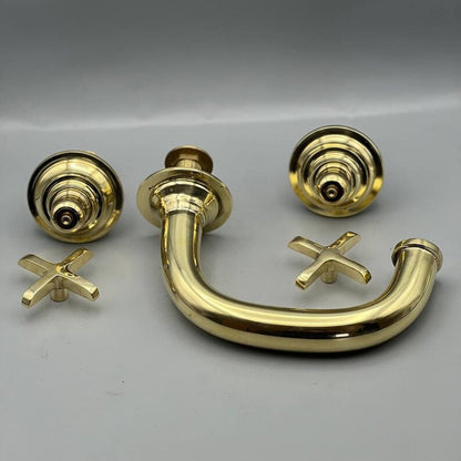 Vintage Unlacquered Brass Widespread Faucet with Flat Cross Handles