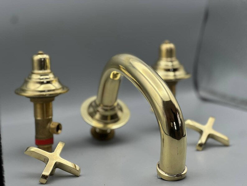 Vintage Unlacquered Brass Widespread Faucet with Flat Cross Handles